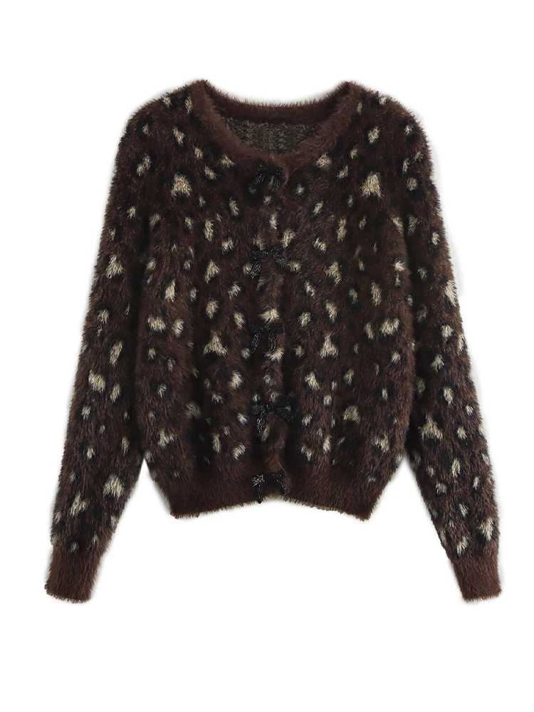 Brown leopard print plush short bow thick mink fleece sweater knitted cardigan coat for women winter