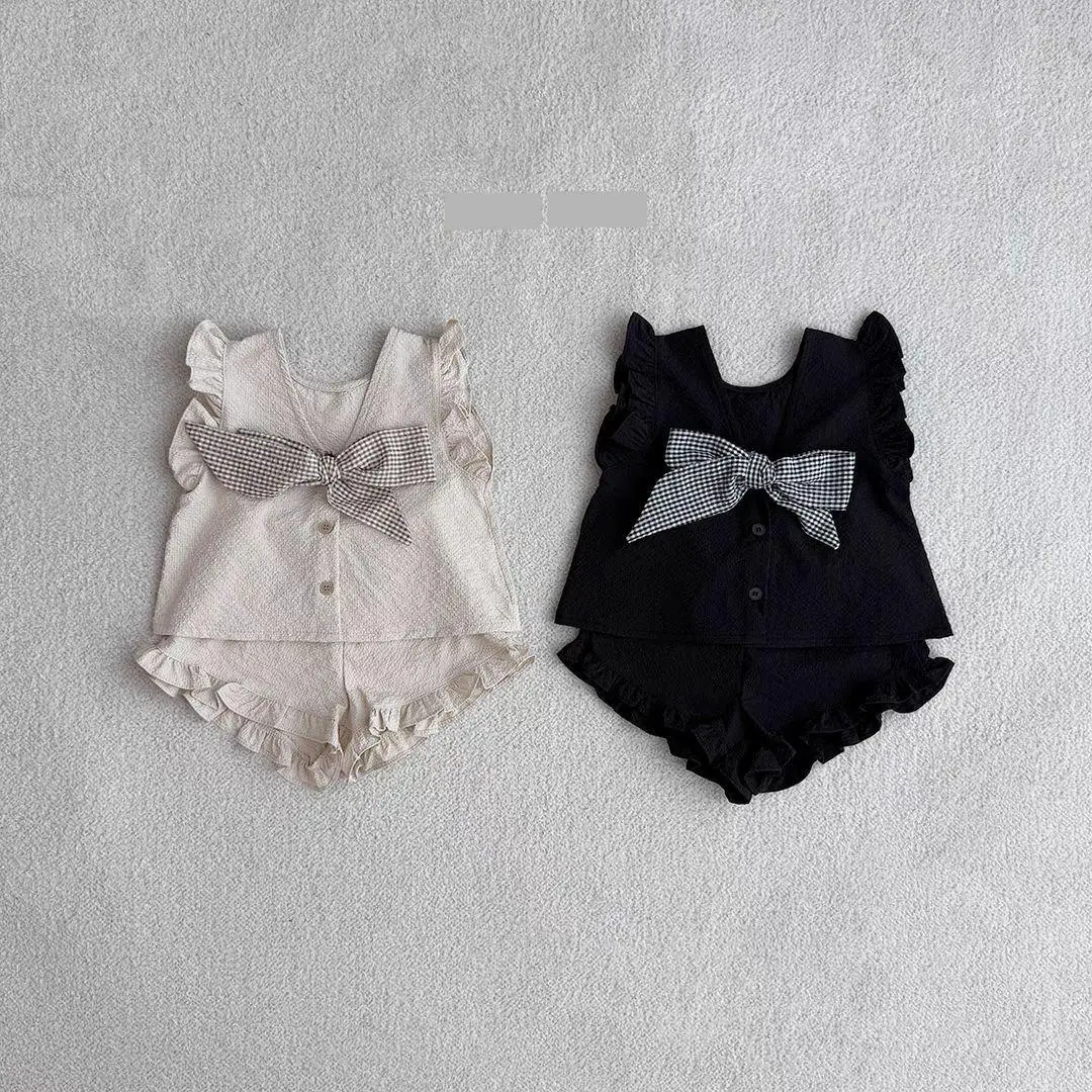 

2025 Summer New Baby Sleeveless Clothes Set Girls Cute Bow Vest + Shorts 2pcs Suit Cotton Infant Toddler Solid Simple Set