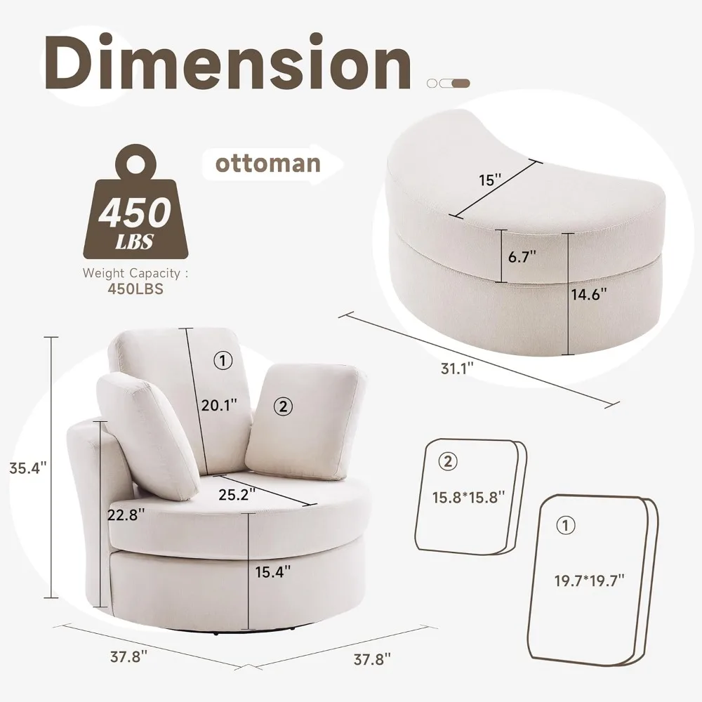 39” Swivel Accent Barrel Chairs with Removable Headrest, Chaise Lounge Indoor with Neck Support Pillow, Swivel Chairs