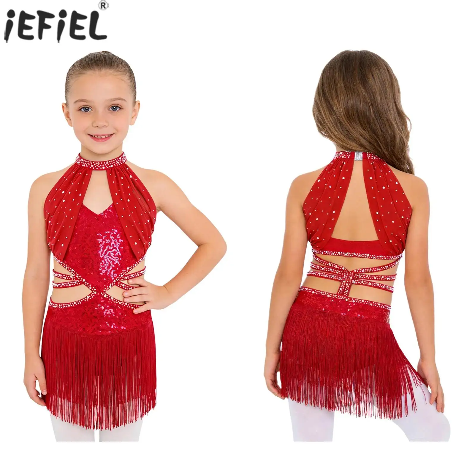 Kids Girls Glittery Sequins Latin Jazz Dance Dress Rhinestone Ruched Mesh Tassel Leotards Ballroom Tango Salsa Samba Dancewear