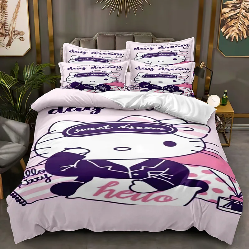 Cute Cartoon Hello Kitty Printed Home Wygodny zestaw pościeli Miękka trzyczęściowa poszewka na kołdrę Dziewczyna Dorosły Pełny rozmiar