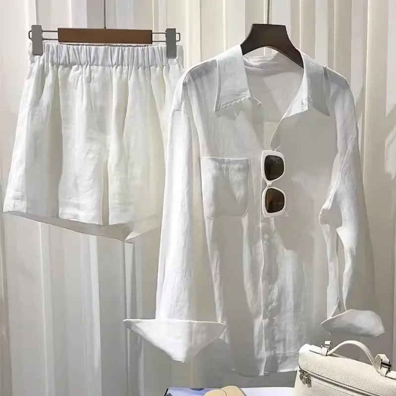 White Solid Color Versatile  Shirts And Shorts Two Piece Set Pocket Long Sleeve Blouse + Trouser Summer Women Outfits 2024 New