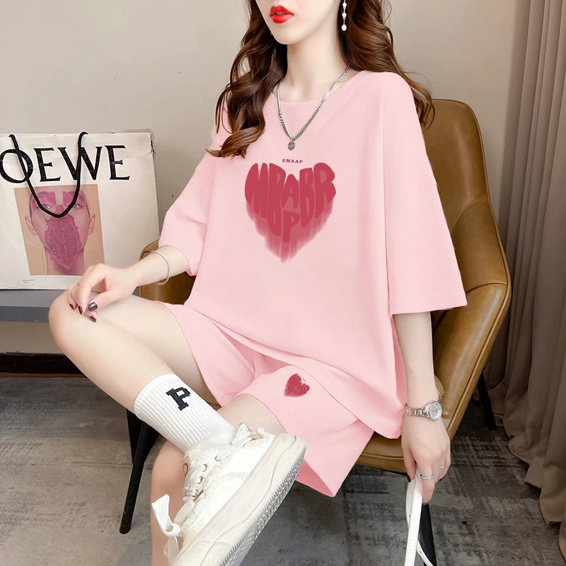 

Street Style Heart Print Casual Sportswear Set Women's Loose Fit Summer Short Sleeve Shorts Two Piece Trendy Outfit