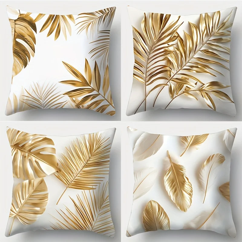 

Golden Leaf Feather Pattern Pillowcase Delicate Texture Decorative Cushion Cover for Sofa Living Room Bedroom Office Home Decor