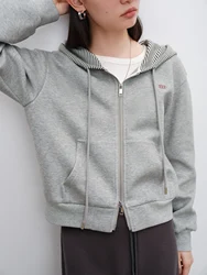 ZIQIAO Women Hoodies Coats Autumn New Female Hooded Grey Casual Double Zipper Placket Women Short Coat Tops 24ZQ94102