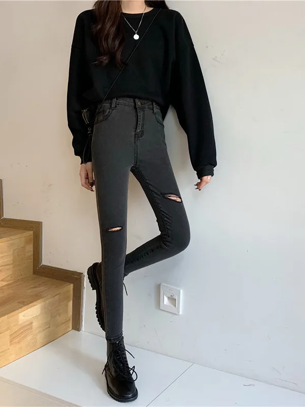 Slim Fit High Waist Skinny Jeans Women's Thin Black Pencil Pants Tapered Leggings Casual Long Pants Polyester Fiber