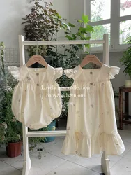 Summer Floral Embroidery Dress Baby Girl Short -sleeved Cotton Dress Baby Girl Bodysuit Sisters Look