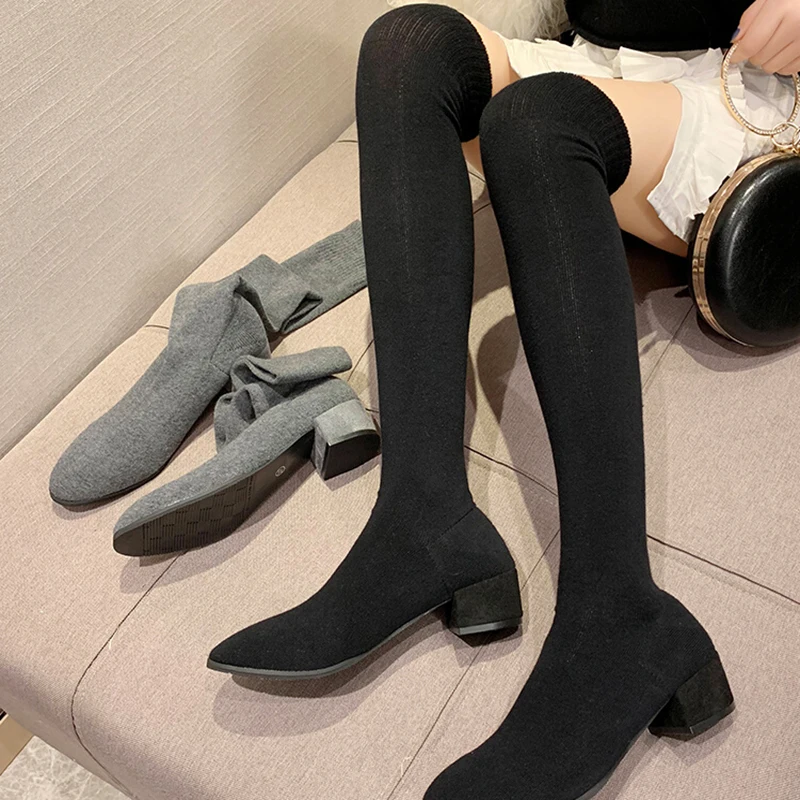 

Новые осенние женские эластичные утягивающие носки с острым носком, модные женские сапоги выше колена на толстом каблуке