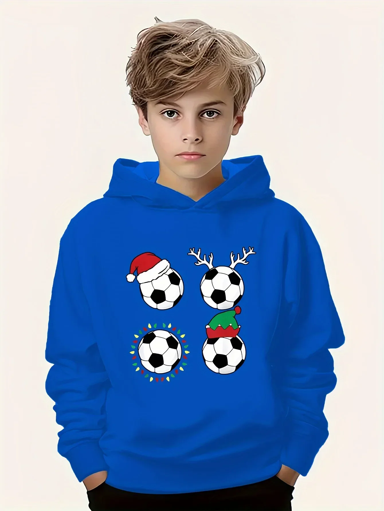 This new casual children's hooded sweatshirt features a Christmas soccer ball pattern and is perfect for fall and winter wear.