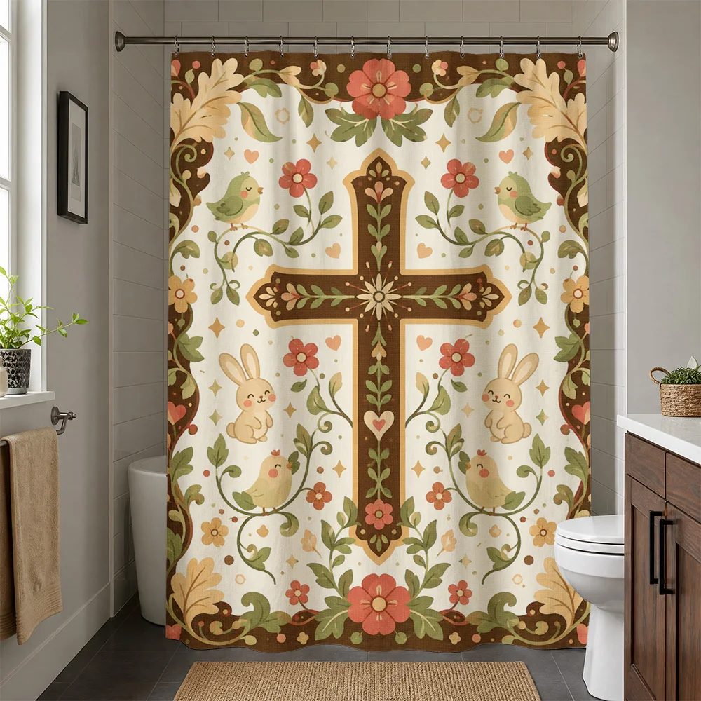 Cute Cross Christian Shower Curtain Bathroom Decor Watercolor Animals Faith Inspired Shower Curtain
