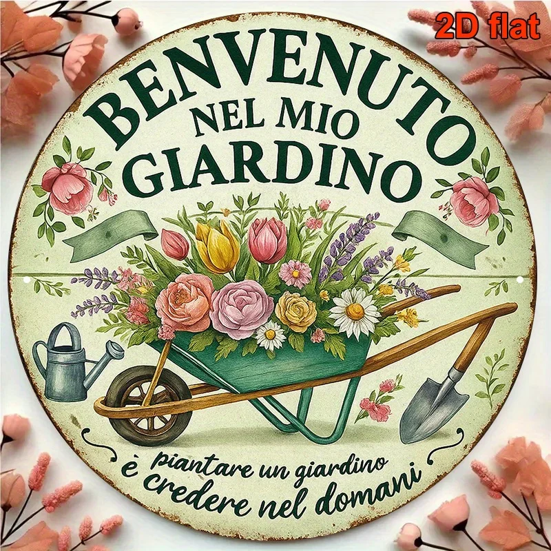 Letrero Metálico Redondo 2D Plano Vintage Benvenuto Nel Mio Giardino, Decoración de Pared de Placa de Estaño Rústica Retro con Diseño Floral Italiano para Patio