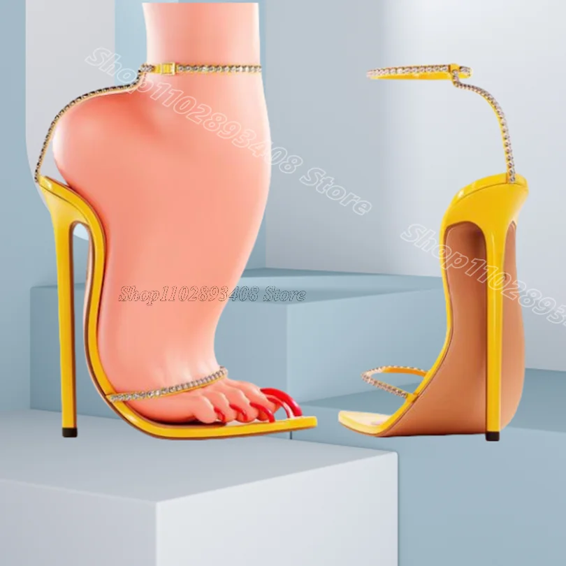 

Yellow Rhinestone Stiletto Sexy Sandals Open Toe Stylish Ankle Buckle Summer Women Casual Party Sandals 2025 Zapatos Para Mujere