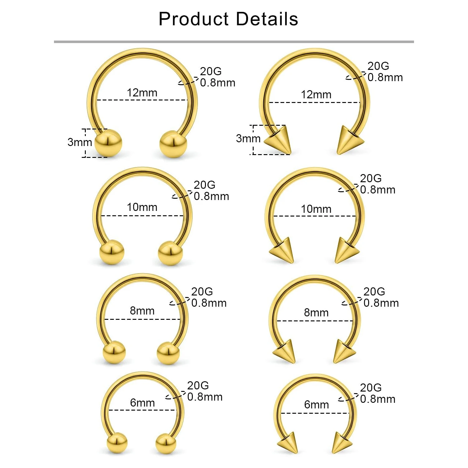 20G Septum Ring Surgical Steel Piercing Nose Septum Rings Hoop Lip Earrings Jewelry for Women Men 8 Pcs Set 6-12mm