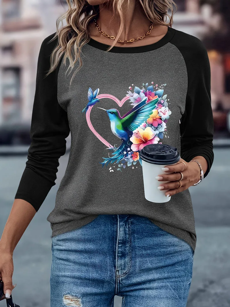 Vintage Bird Print Casual Long Sleeve T-shirt Retro Graphic Long Sleeved Comfortable T Shirt Woman Winter Autumn Clothes