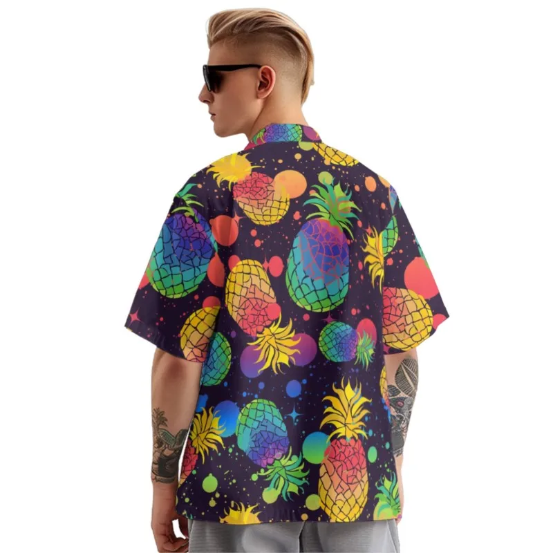 Colorful Pineapples Print Shirt Men's Hawaiian Beach Chest Pocket Shirt Short Sleeve Casual Daily Smart Business Shirt