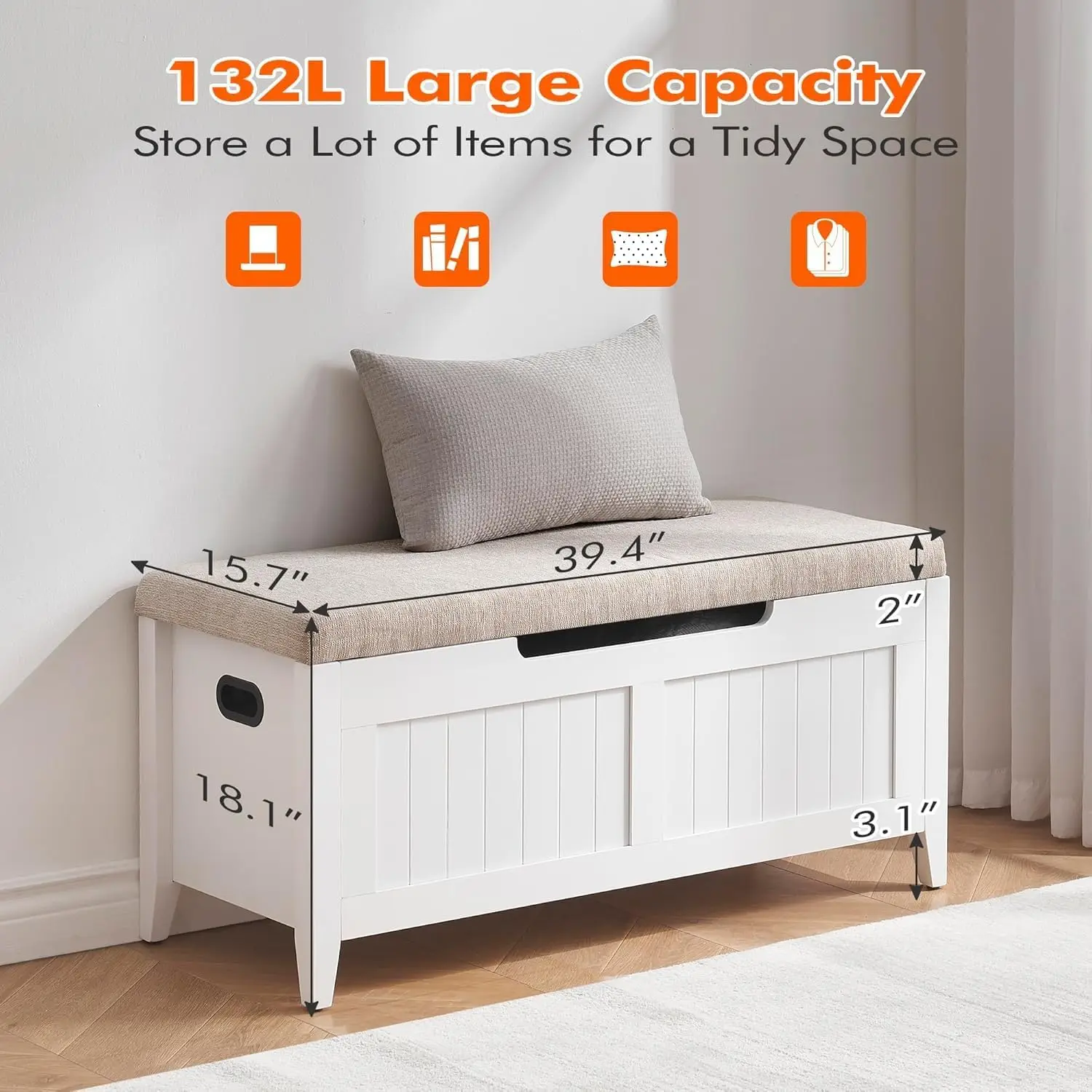 Storage Chest, Upholstered Storage Trunk with 2 Safety Hinges, Storage Bench, Flip-Top Toy Chest, Shoe Bench 15.7