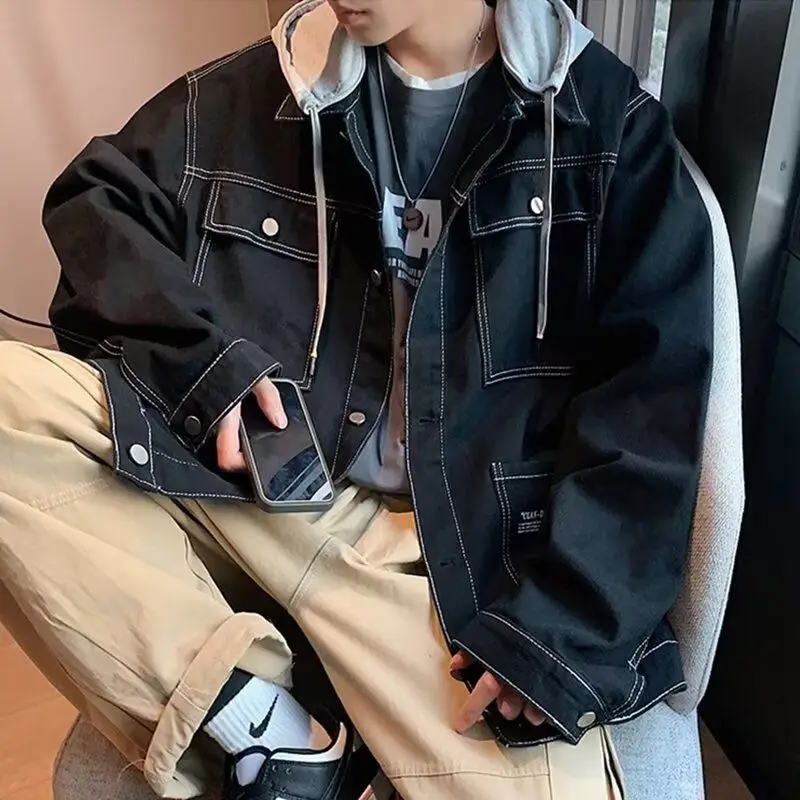 

Men's Denim Jaet Set Stand Fit Spring Autumn Versatile Jaet Hooded Long Sve Pure Color Casual Youth Faion