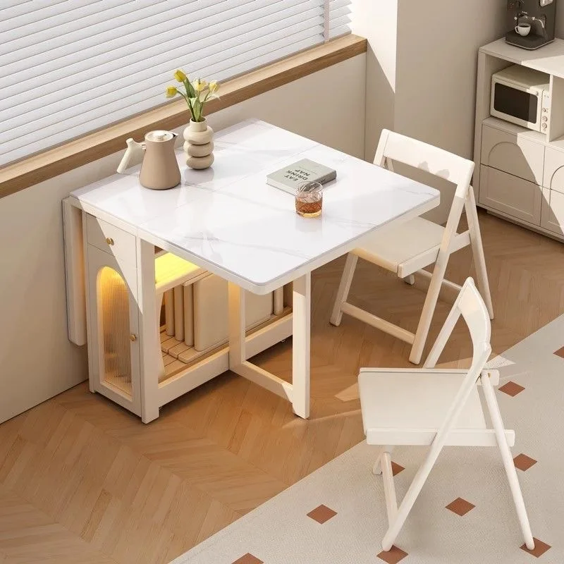 Solid wood folding dining table and chair combination, a complete set of storage household mobile rectangular small apartment ro