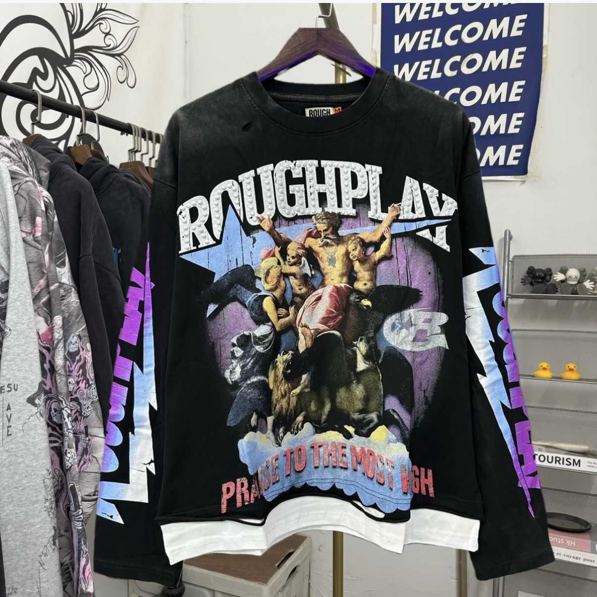 

Rough Play American High Street Sle O-Ne Long Sve T-irt Men Women Casual Wear Faded Hole Splicing Design Cotton Poly...