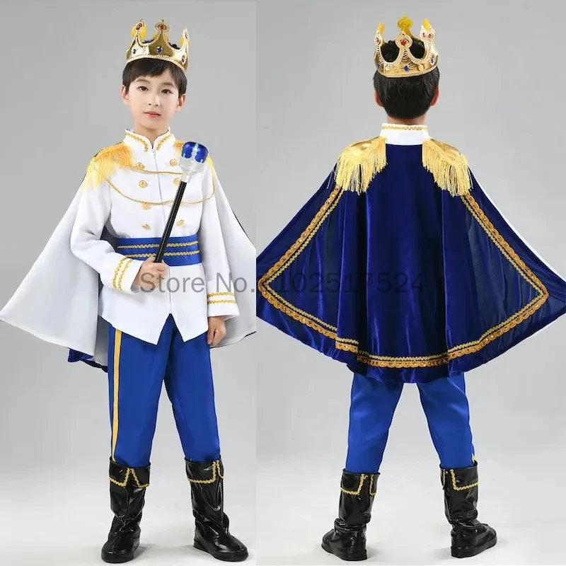 7pcs Set Kids Prince Costume Children Deluxe Medieval King Jacket With Cape Pants Crown Mace Suit Boys Halloween Party Costumes