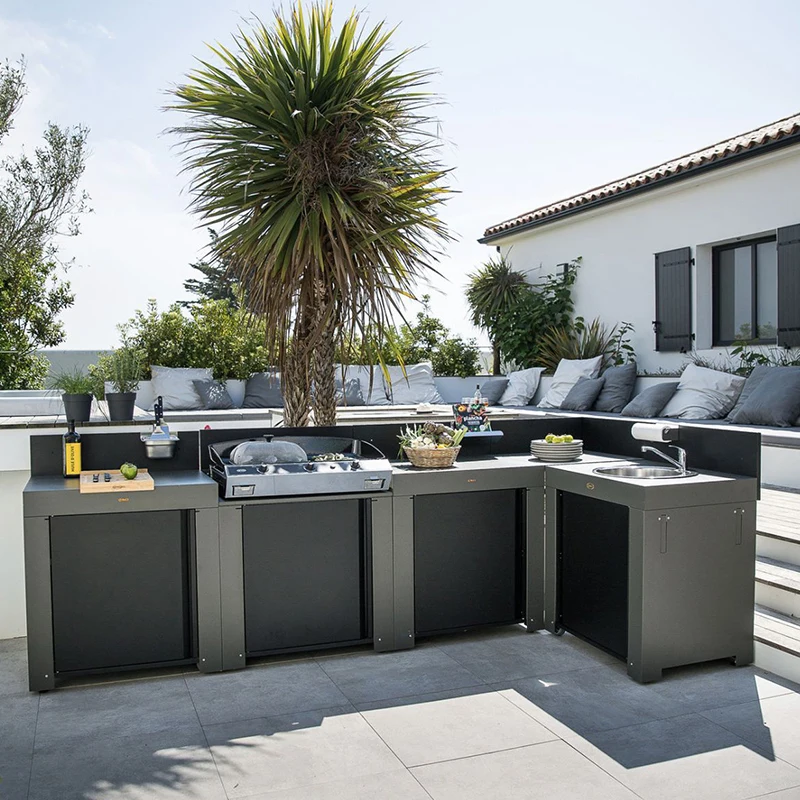 Outdoor Kitchen BBQ Grill Island for 5 People Aluminum Cabinets Knob Control Kitchen Pod Backyard Outdoor Kitchen Shed