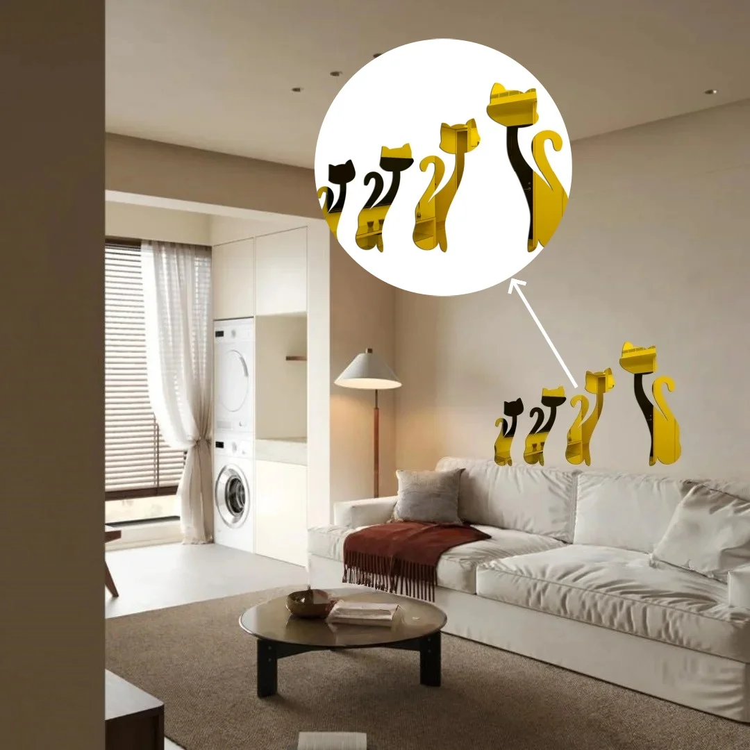 4PCS Four Cat Removable Mirror Sticker Stereoscopic Stickers for Living Room Art Home Decor Mural Wall Decoration
