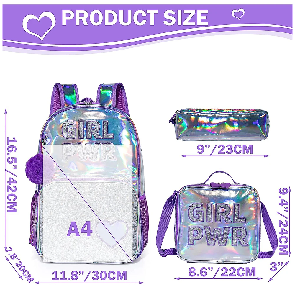 Mochila de lantejoula com lancheira para mulheres, material escolar definido, meninas sacos, 16 Polegada, novo