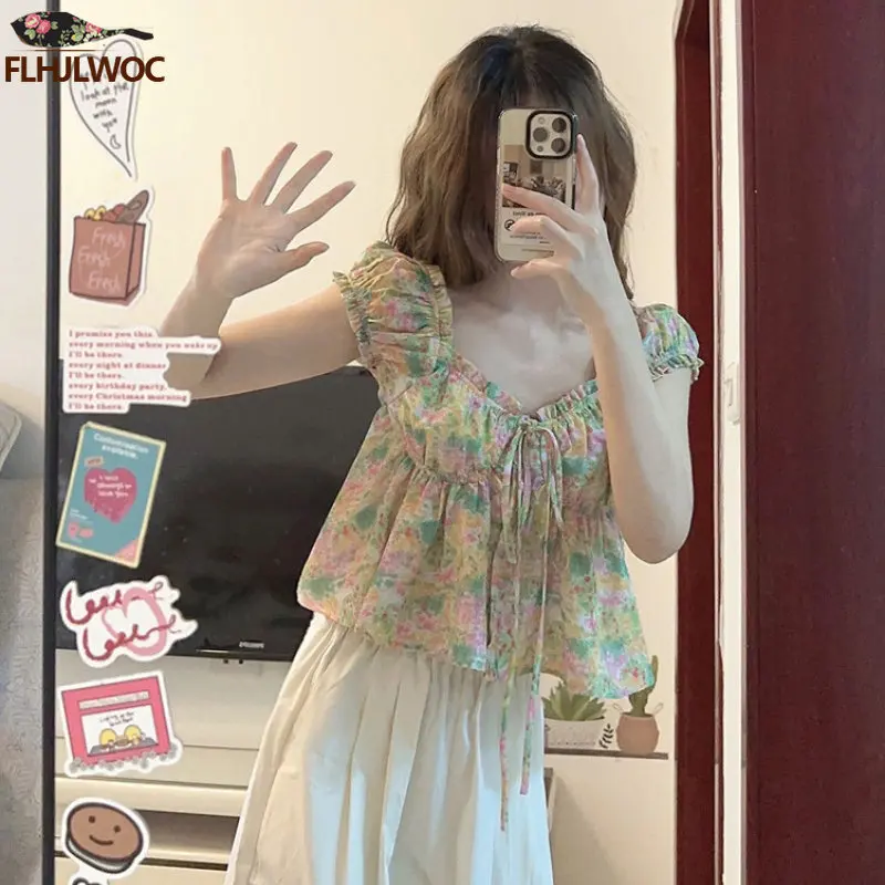2023 Summer Korea Chic Short Crop Tops Blusas Fashion FLHJLWOC Design Peplum Floral Print Sexy Off Shoulder Women Blouses