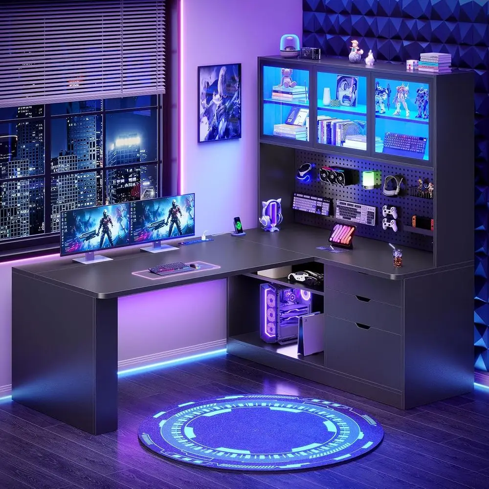 

27.5 W L-Shaped Gaming Desk with 3 Drawers, Large Bookshelf, LED Light, Display Cabinet and Pegboard, Black