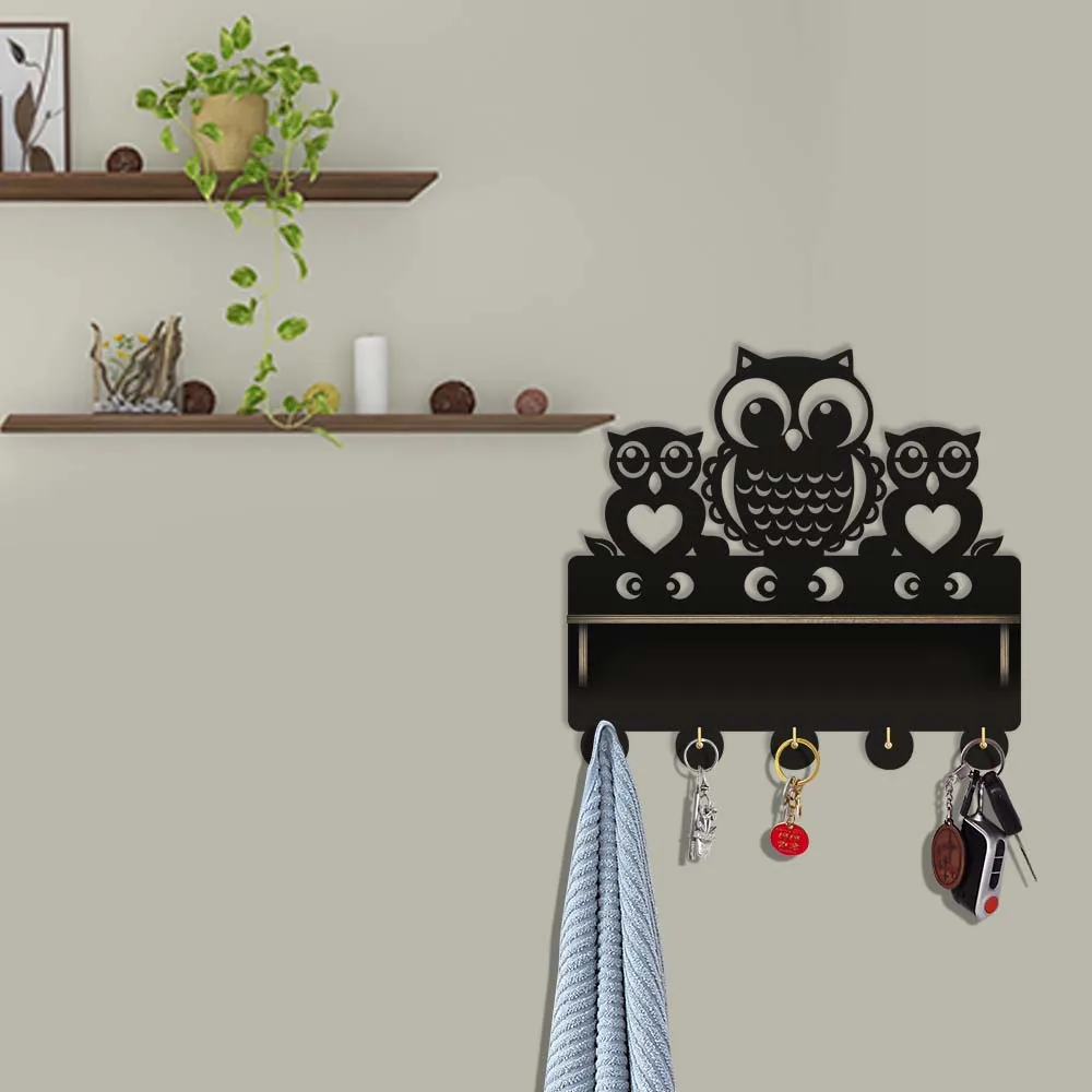 Cartoon Owls Family Wall Mounted 5 Hook Key Holder Entryway Organizer For Home Decor Wooden Owls Wall Mount Coat Rack With Shelf view 5