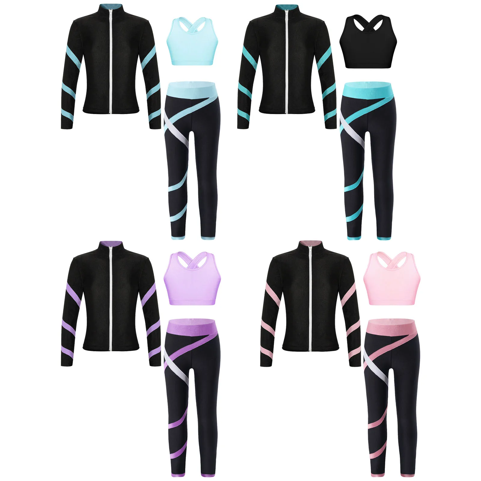 Kids Girls Tracksuit Stripe Long Sleeve Sports Tops Sleeveless Vest Leggings for Ballet Dance Gymnastics Yoga Workout Running