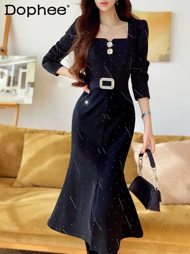 

2024 Autumn New Lady French Style Square Neck Bubble Sleeve Slim Dress for Women Black Sexy Meteor Hot Diamond Fishtail Dress