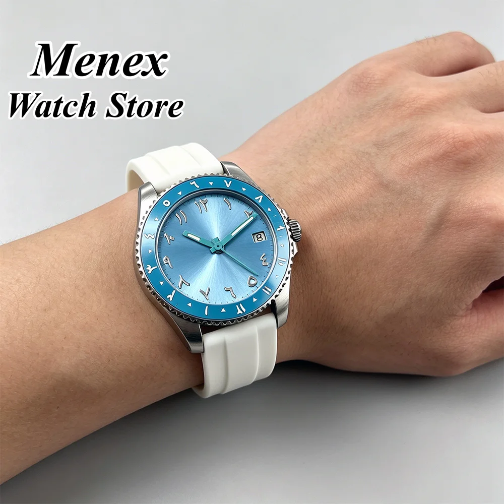 

40mm Stainless Steel Diver Watch Case Fit NH35 Movement Blue Islamic Numeral Dial White Rubber Band Modified Watch Parts