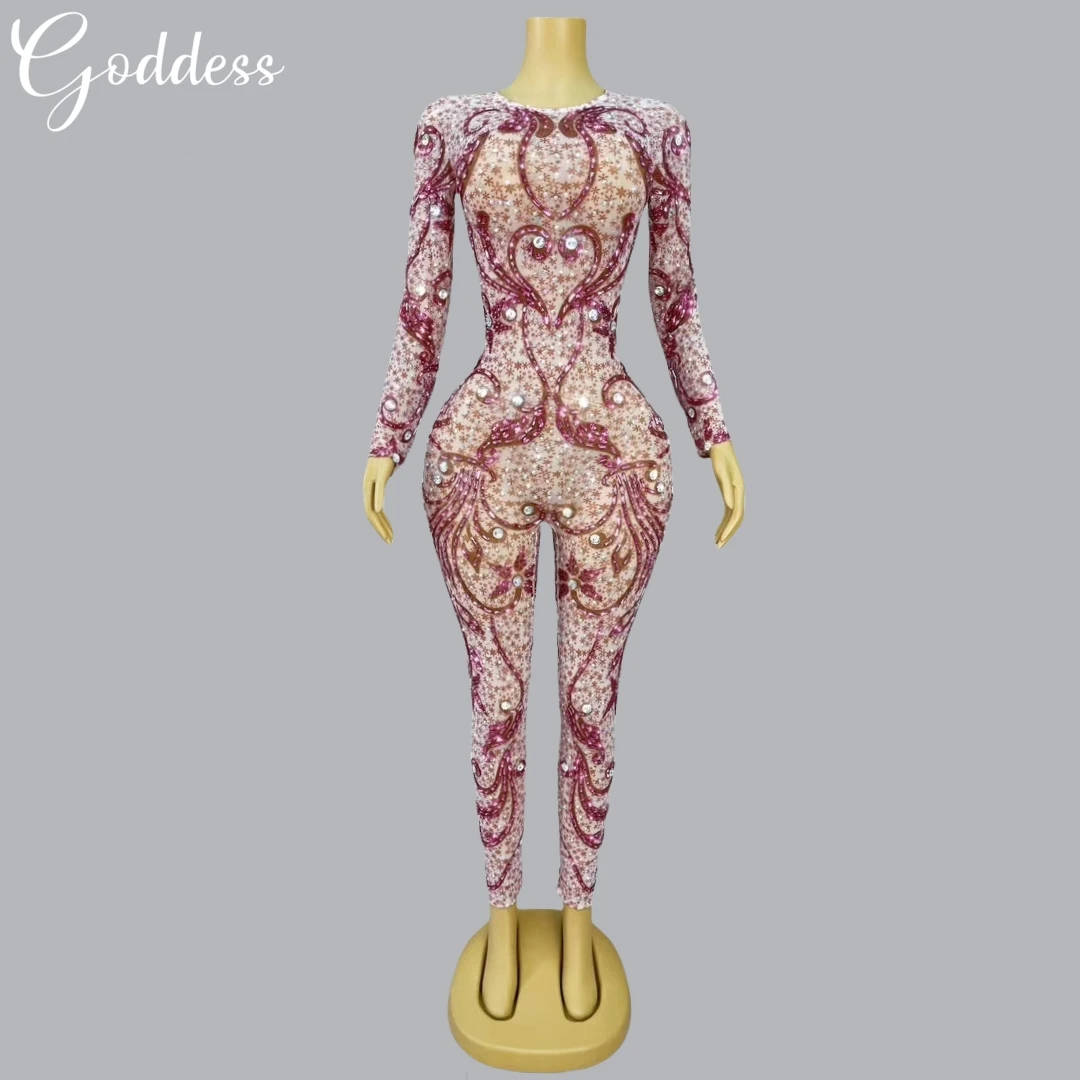 

Sparkly Crystals Spandex Print Jumpsuit for Women Sexy Birthday Club Bodysuit Prom Dress Pole Dancer Performance Bodycon Costume