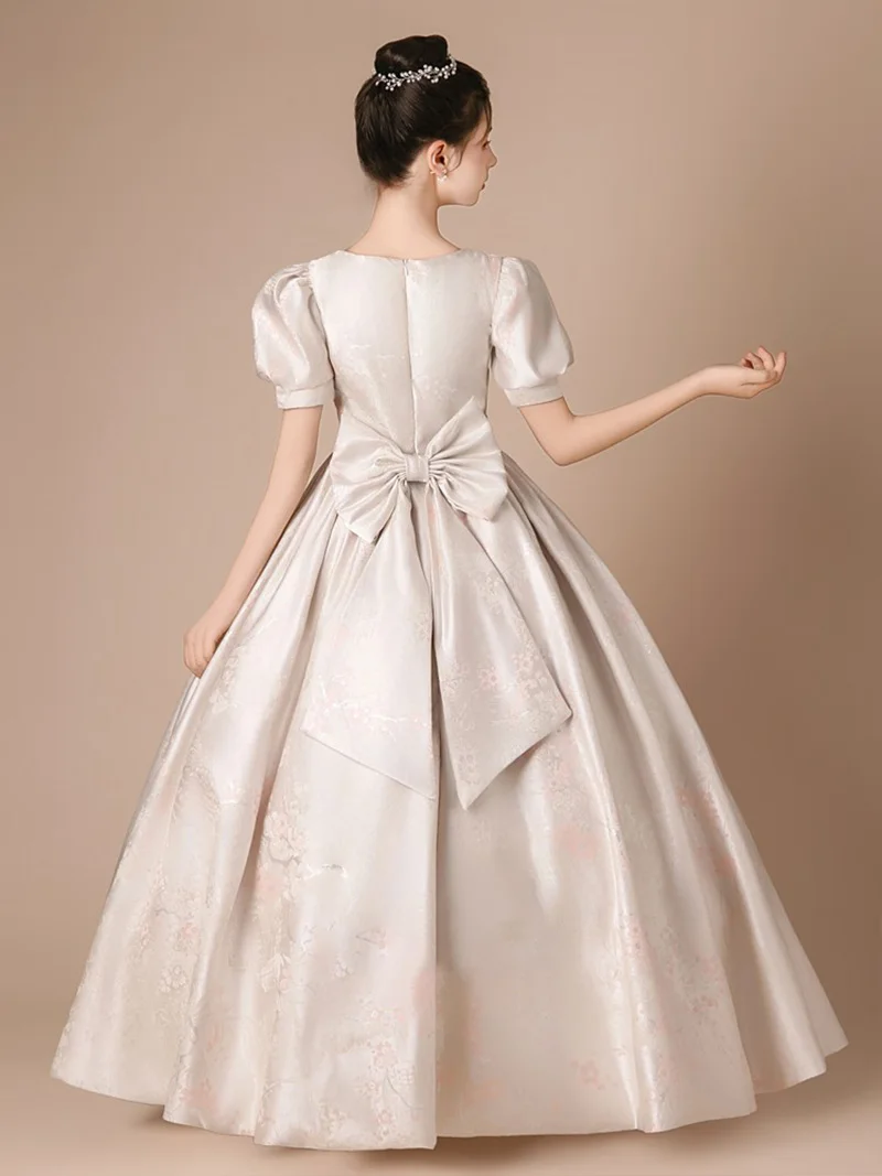 Meisjes prinses mouw vierkante hals peer bloem satijn junior bruidsmeisje jurk bloemenmeisje jurk vakantie jurk concert jurk/aangepast