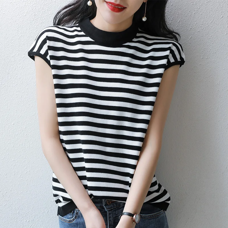 2024 Summer New Pure Cotton Round Neck Striped Shoulder Drop Short Sleeve Knitwear Bottom Shirt Fashion Top T-shirt