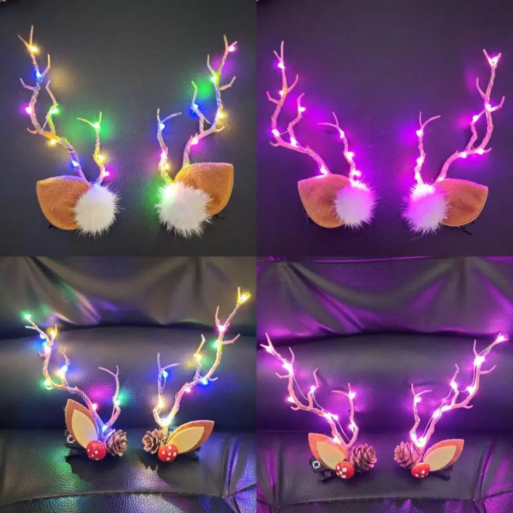 New Luminous Antler Hairpin Deer Ears Shape Side Bangs Clip With Small Lanterns Pine Cone Hair Clips Christmas Hair Accessories