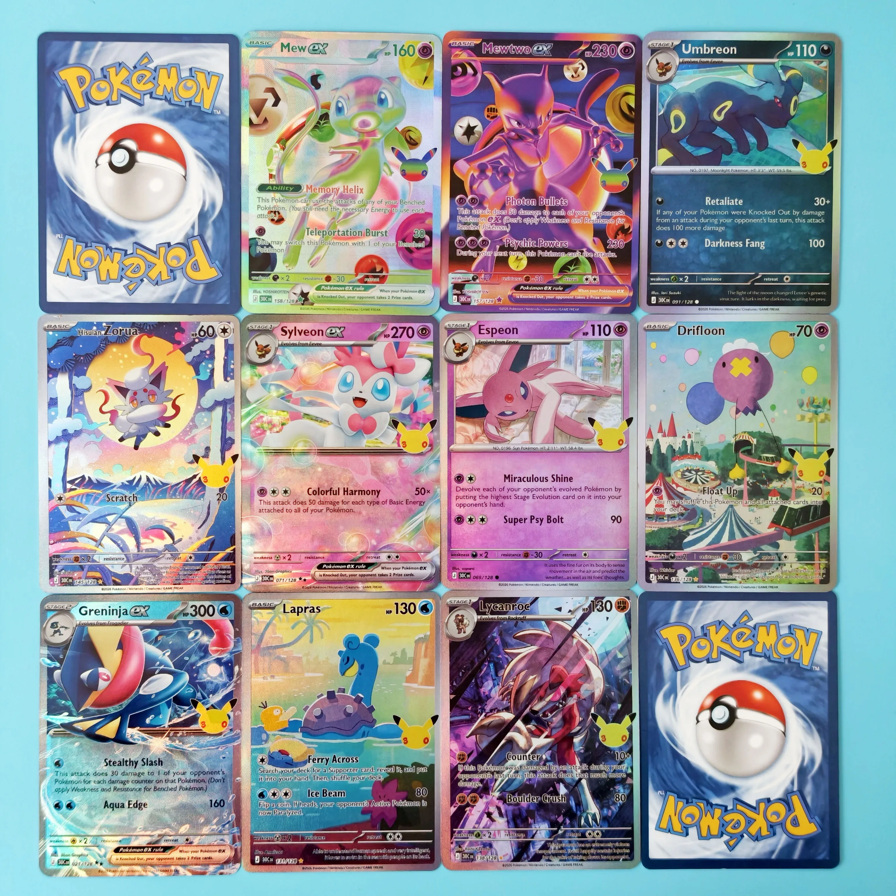 Proxy TCG Card BKM 30th Anniversary Mew Mewtwo Zorua Greninja Lapras Lycanroc Drifloon Holo Foil Card DIY TCG Advanced Card