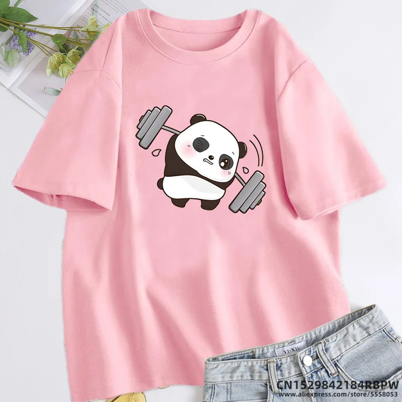 Panda T-shirts The Struggle Is Real Weightlifting Fitness Gym Cute T Shirt Women Funny Cotton T Shirts Oversize Womens Clothing