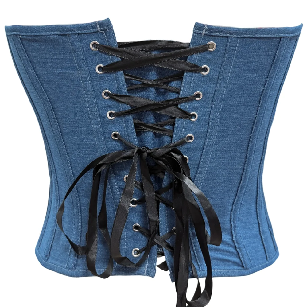 Vintage Denim Corset Bustier Women Strapless Front Hook Back Lace Up Waist Shaping Casual Tube Top