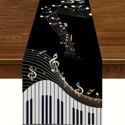 Piano Keyboard Music Notes Pattern Linen Table Runner Elegant Dresser Scarf for Washable Kitchen School Holiday Party Home Decor