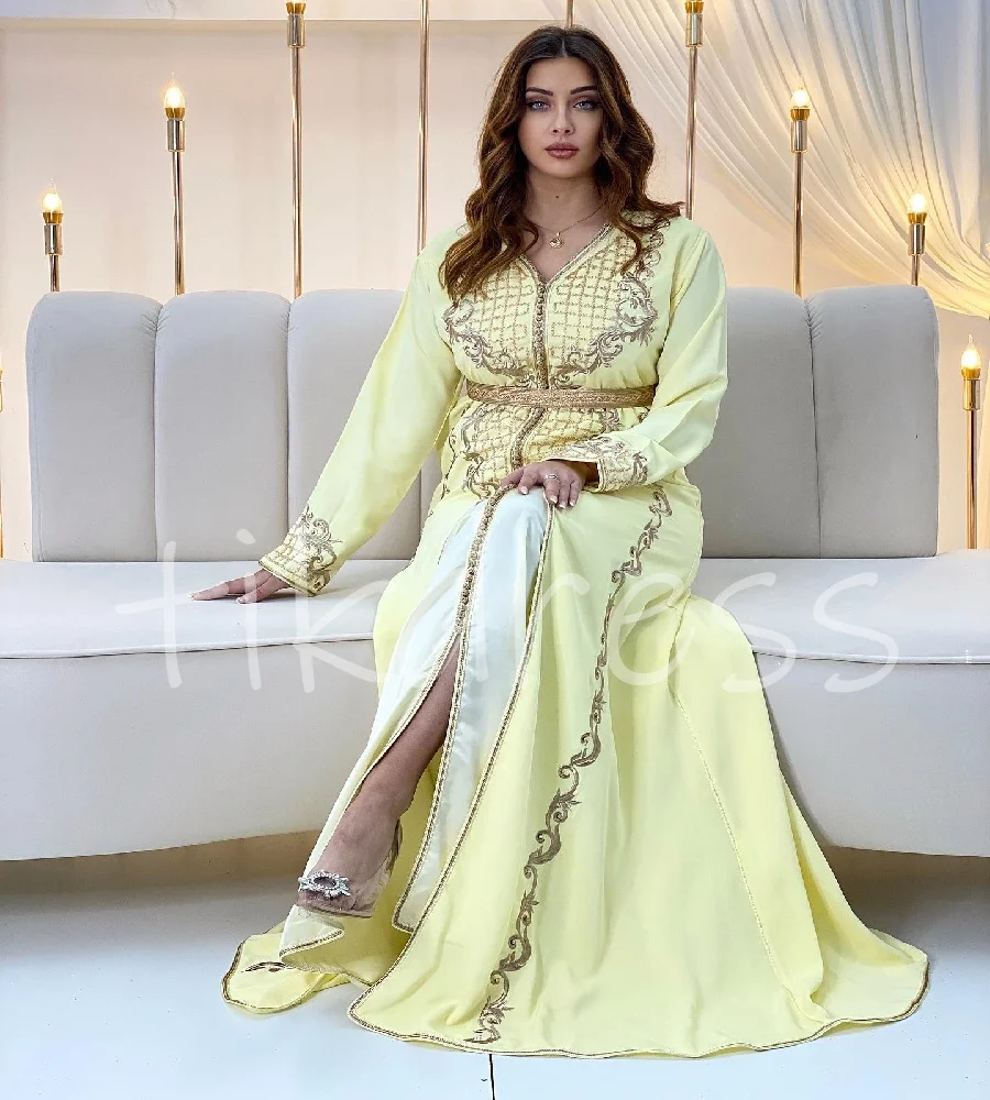 

Light Yellow Embroidery Evening Dress Takchita Caftan Moroccan Prom Dress Long Sleeve Lace Abaya Dubai Turkish Formal Customized