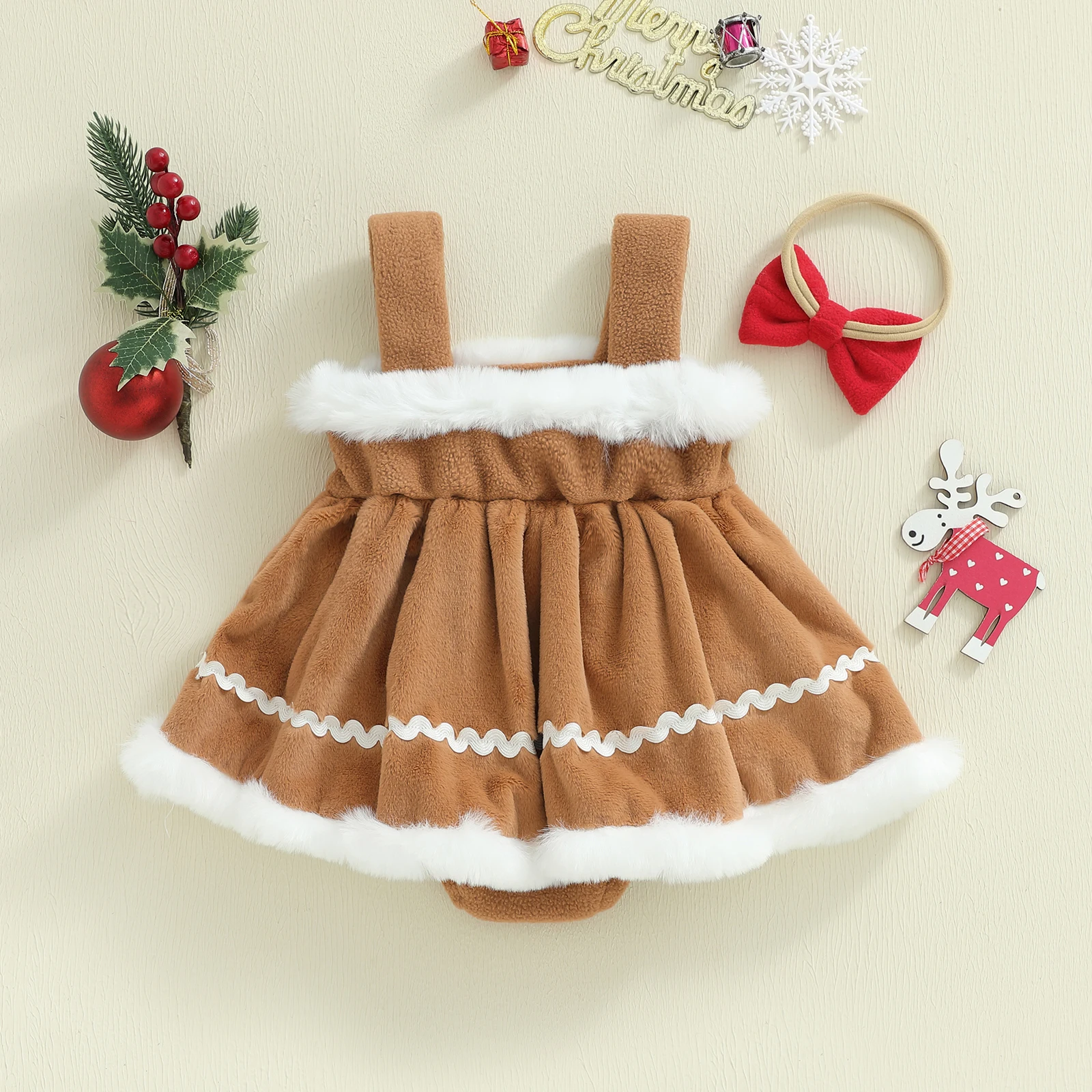 Baby Girl Christmas Outfit Long Sleeve Square Collar Gingerbread Man Romper Dress Bow Headband 2 Piece Set