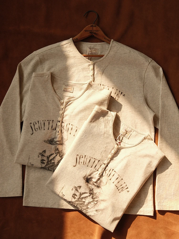 

Винтажная футболка с длинным рукавом в стиле блюз-рок SRV, 250 г, хлопок, серый цвет, воротник Хенри, приталенный крой, повседневный стиль, дышащая, мужская.