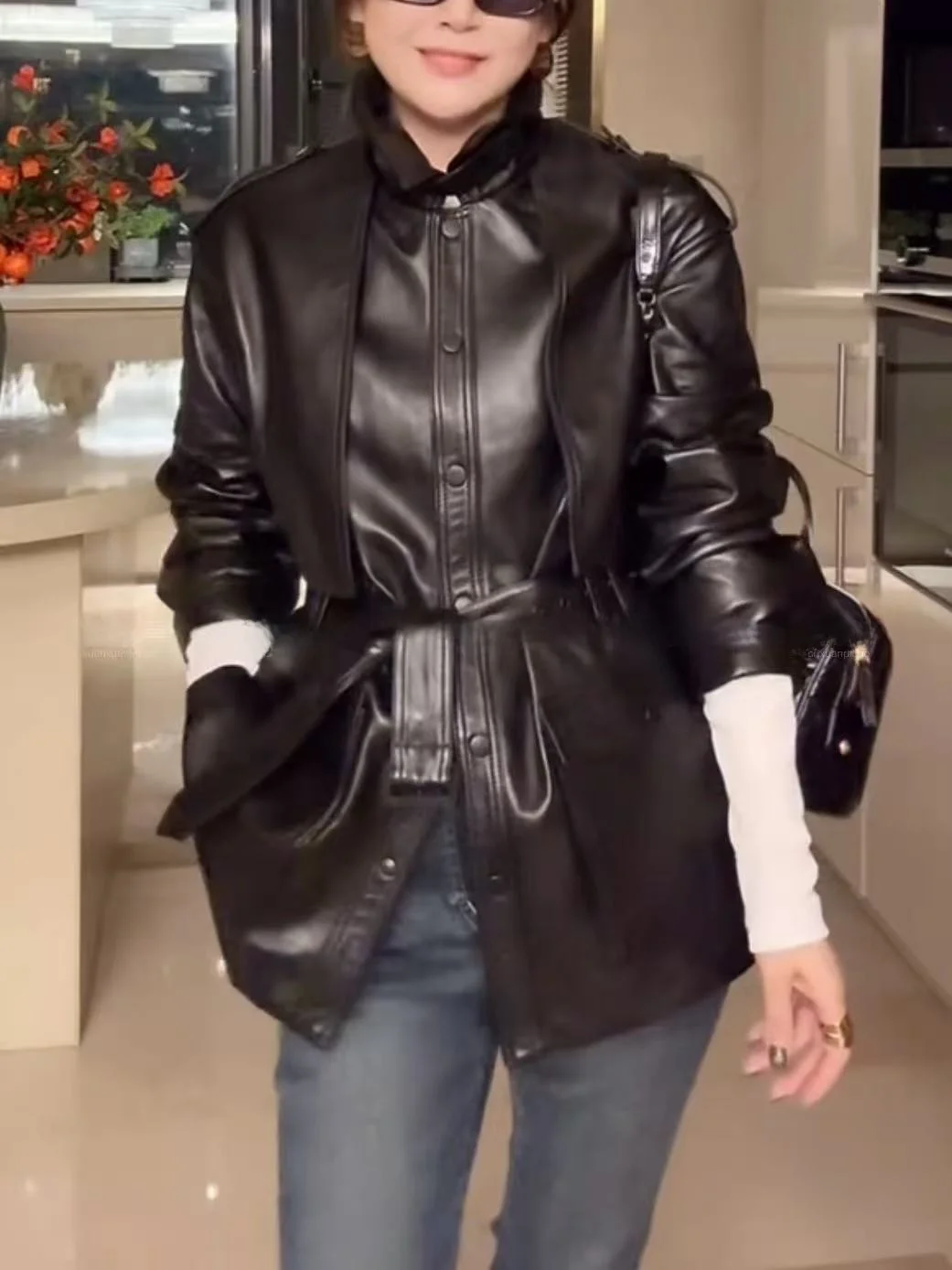 معطف خصر للتخسيس من جلد الغنم الحقيقي للنساء جايت طويل لربيع وخريف جديد Sle للتنقل طويل Sve عادي Sve