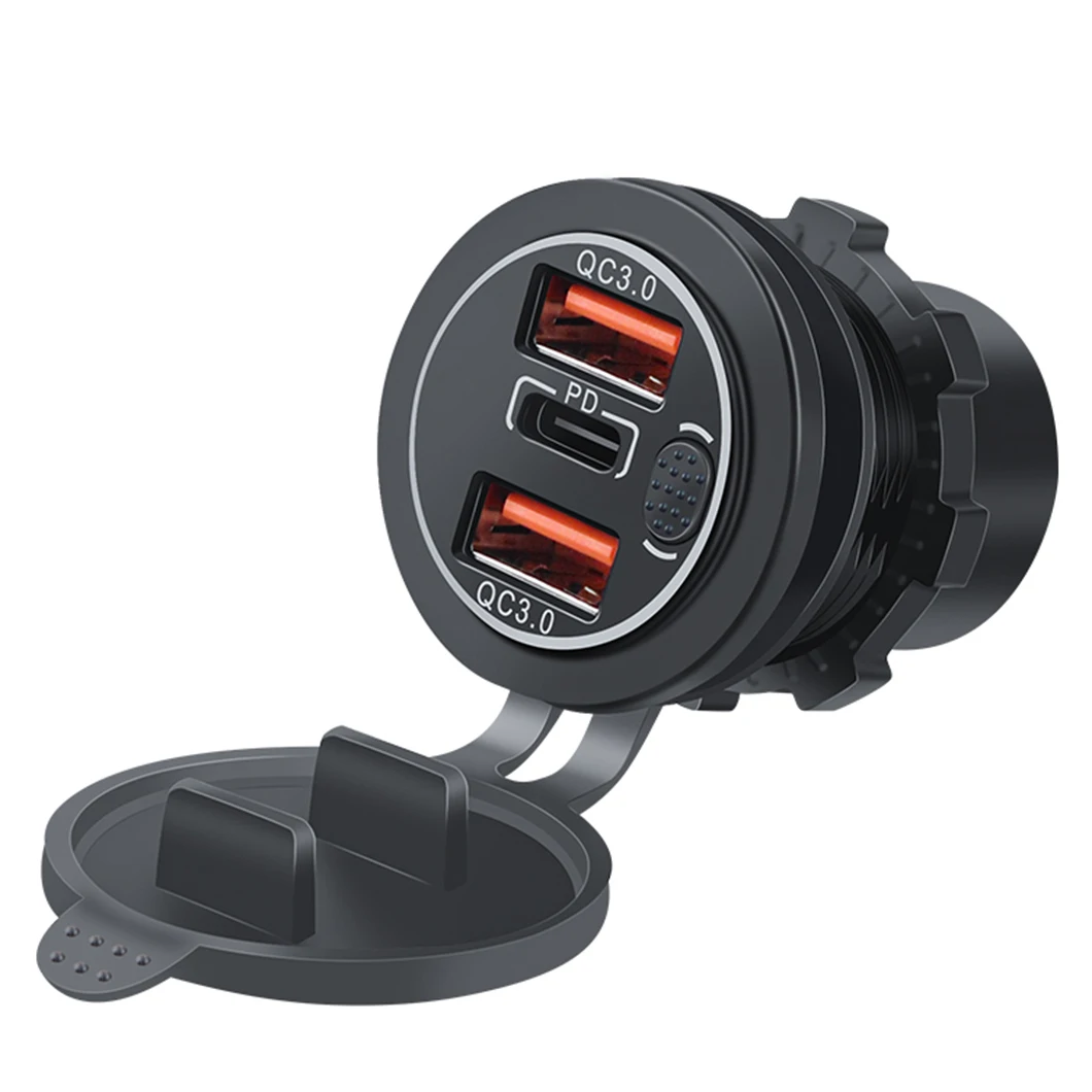 Dual QC3.0 USB Socket + TYPE-C PD Socket DC12-24V 78W Output Quick Charging Car Power Charger with ON-OFF Push Button LED Light