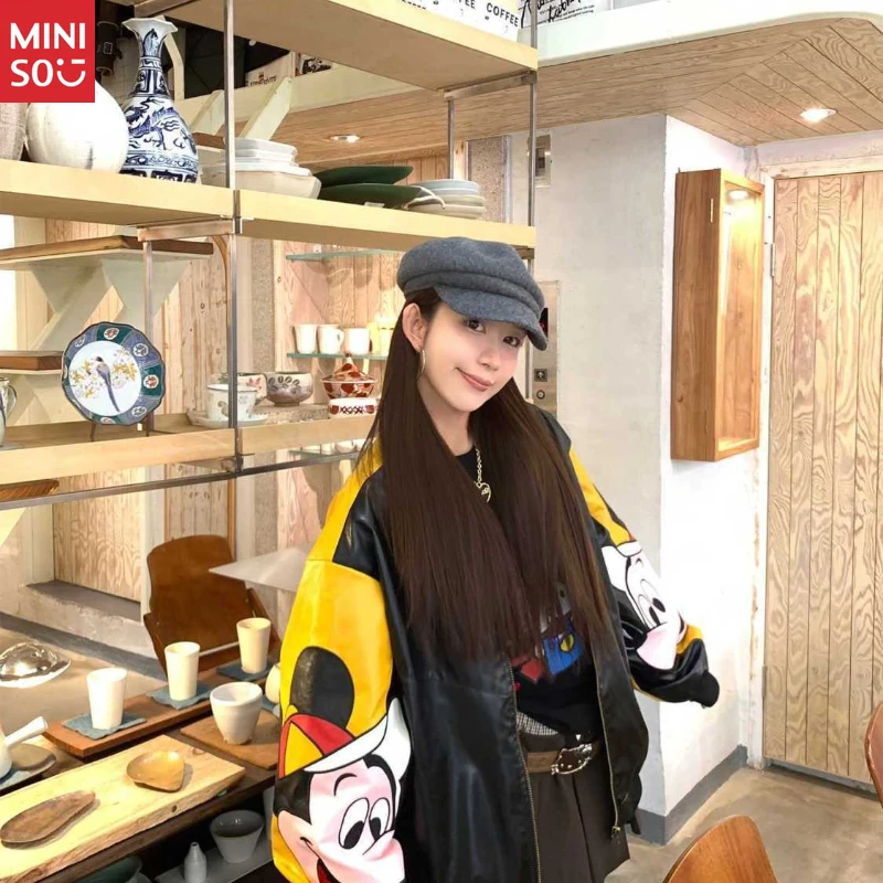 디즈니 미키 가죽 재킷, 컬러블록 노치 칼라 코트, 유니섹스 빈티지 아우터웨어