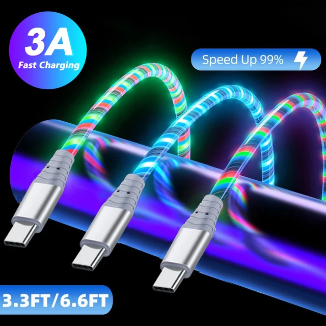 Kabel świecący 3A z płynącym światłem LED Kable Micro USB typu C do Samsung iPhone 13 Xiaomi Huawei Przewód do ładowania telefonu komórkowego