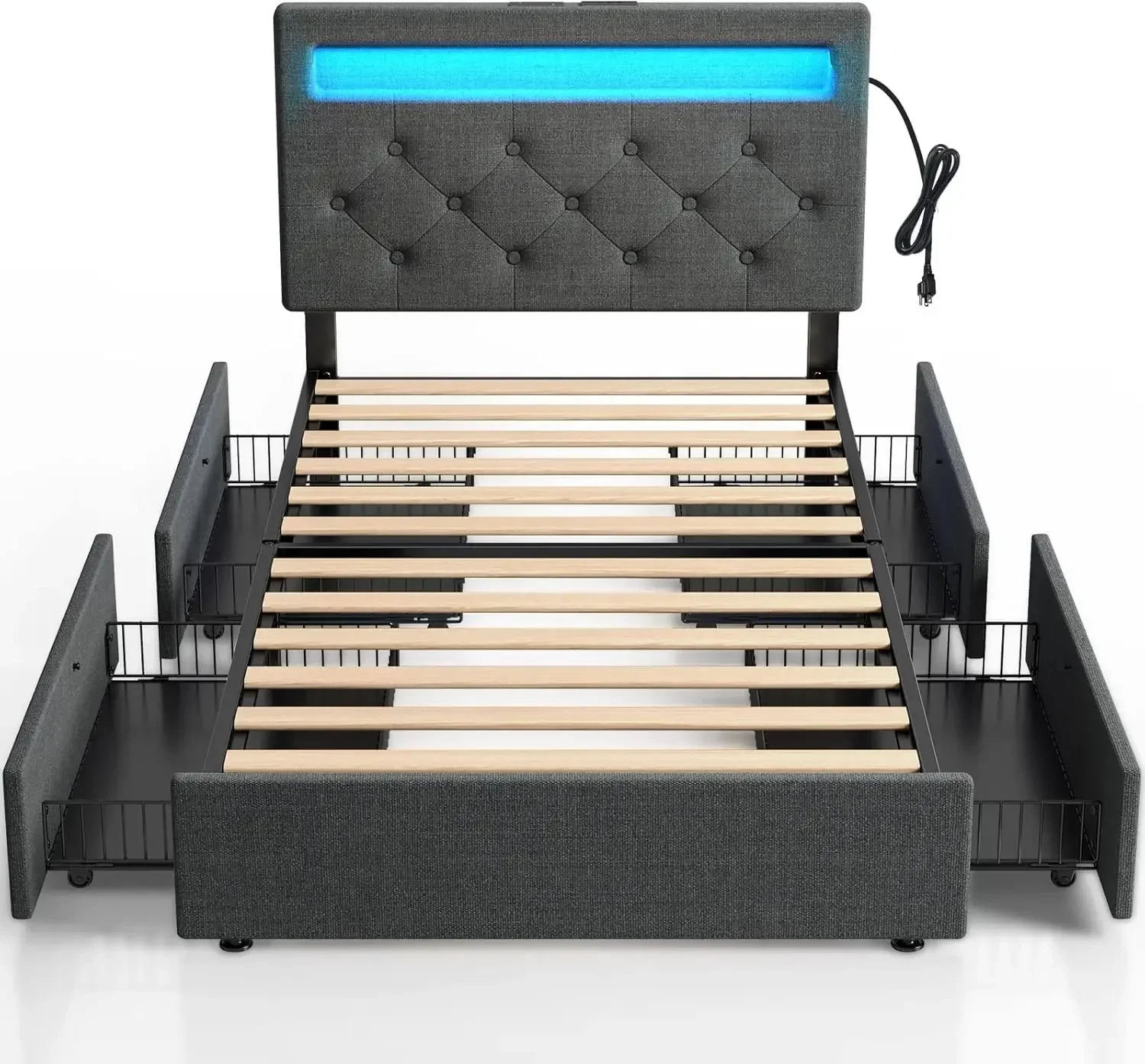 Twin Size Bed Frame with Charging Station and LED Lights, Upholstered Bed with Adjustable Headboard and 4 Storage Drawers