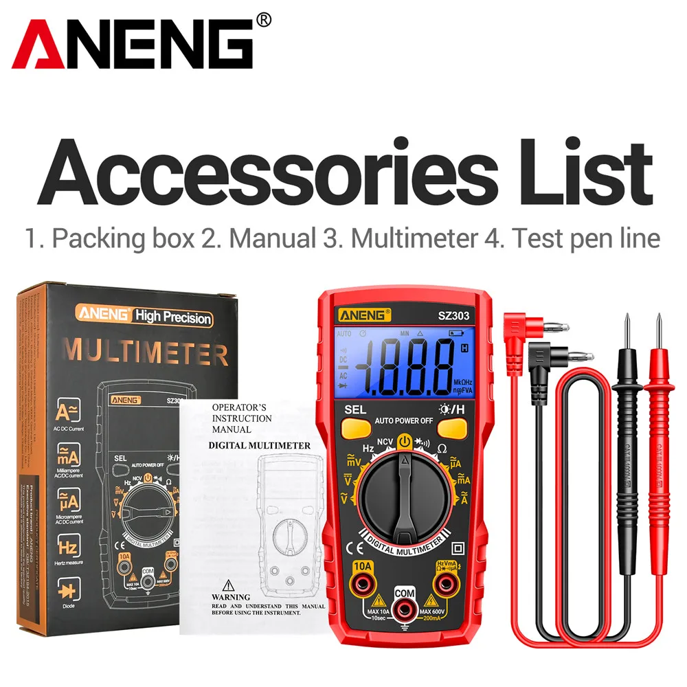 Slimme digitale multimetertester ANENG SZ303 Professionele AC/DC-spanningsstroom Elektrische gegevensbehoud Hoge precisie-detector